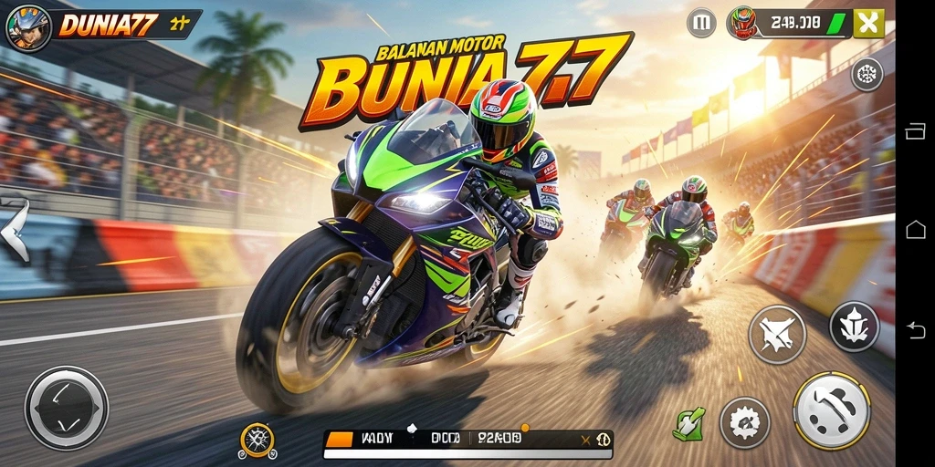 Screenshot gameplay DUNIA77 yang menampilkan balapan motor yang seru.