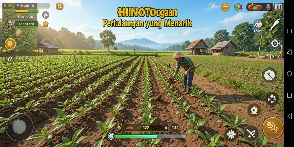 Tangkapan layar utama HINOTOTO menampilkan karakter petani sedang bercocok tanam.