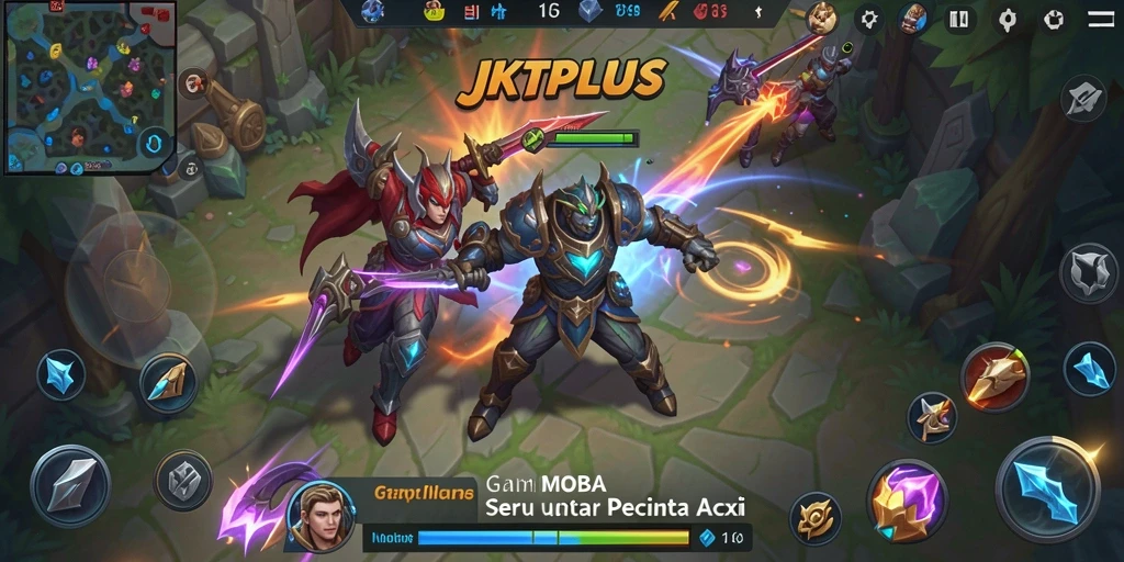 Tampilan gameplay seru dalam JKTPLUS dengan aksi MOBA yang mendebarkan.