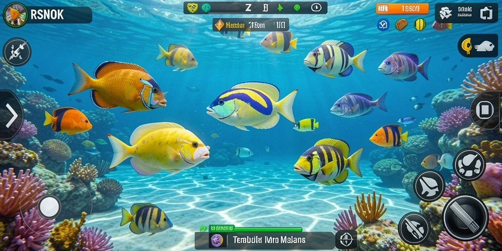 Tampilan gameplay RSNOK dengan berbagai ikan menunggu untuk ditembak.