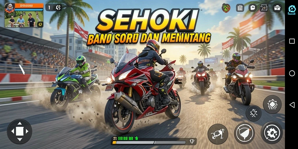 Screenshot gameplay SEHOKI yang menunjukkan aksi balapan motor yang seru.