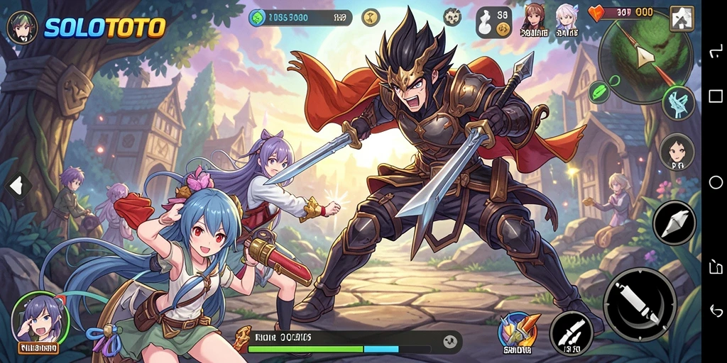 Screenshot gameplay <strong>SOLOTOTO</strong> menampilkan pertempuran mendebarkan dengan karakter anime.