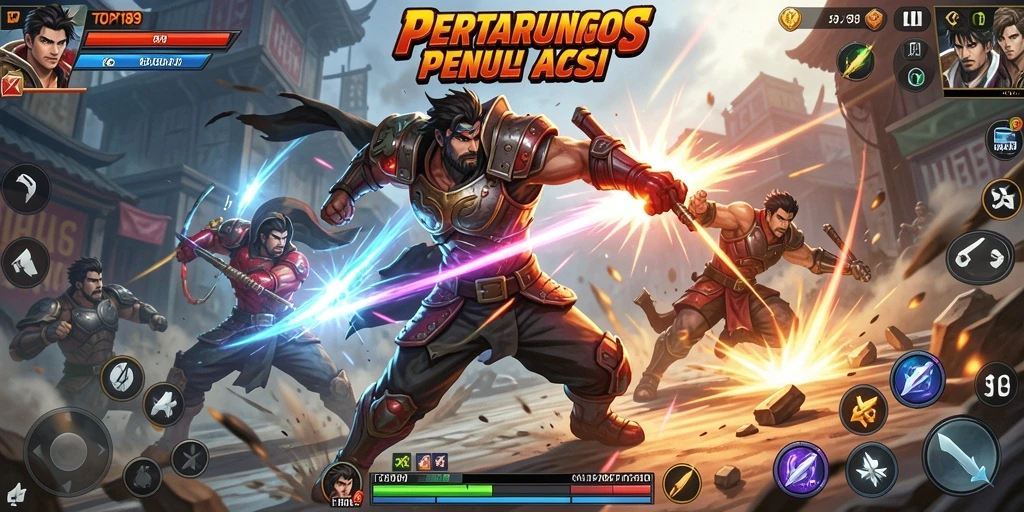 Screenshot utama TOPI189 menampilkan pertarungan intens antara karakter di arena.