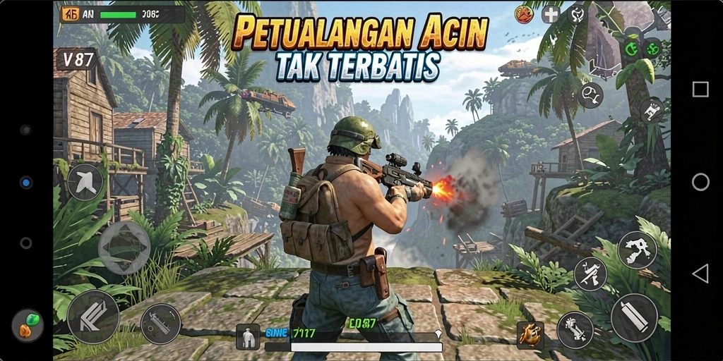 Tangkapan layar gameplay V87 menampilkan aksi pertarungan yang seru.