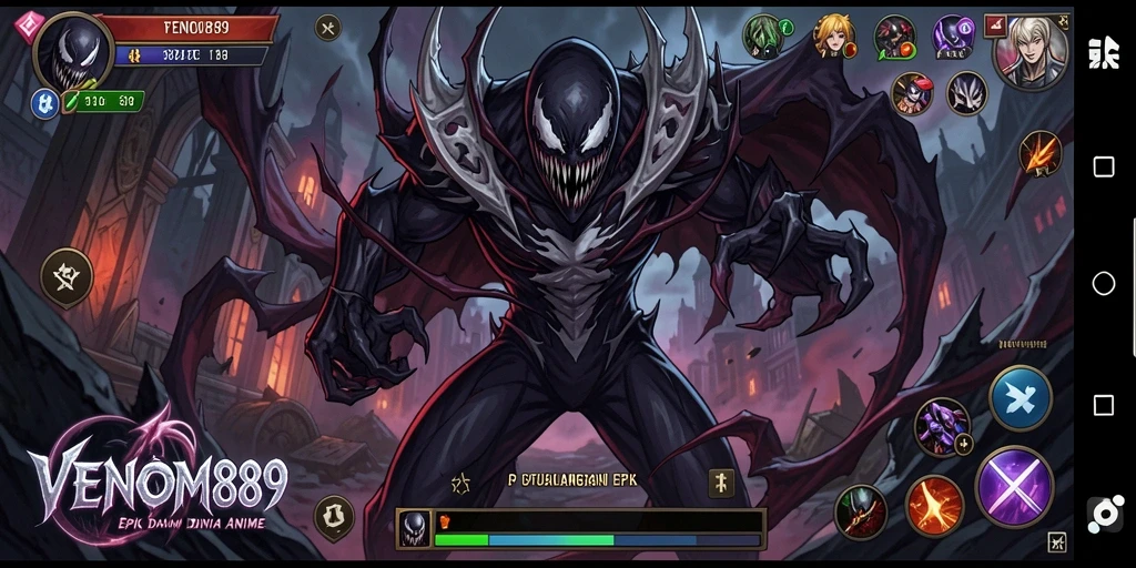 Tampilan gameplay VENOM889 yang penuh aksi dan karakter anime.