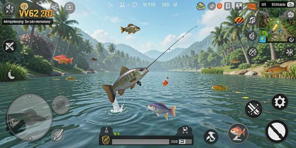 Screenshot gameplay VV62 menampilkan suasana memancing yang menakjubkan.